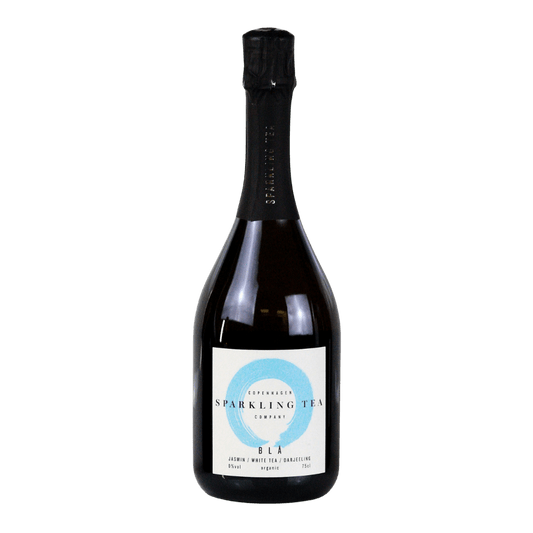 Bottle of Sparkling Tea Company Black sparkling tea on a white background