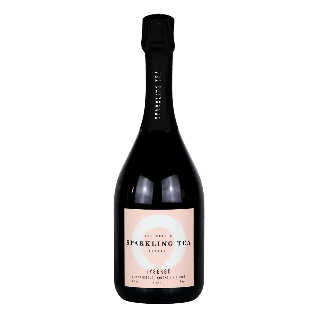A bottle of Lysero Sparkling Tea London from the brand Peruvian Tea, featuring a pale pink label on a dark glass bottle with a black foil top, set against a plain white background.