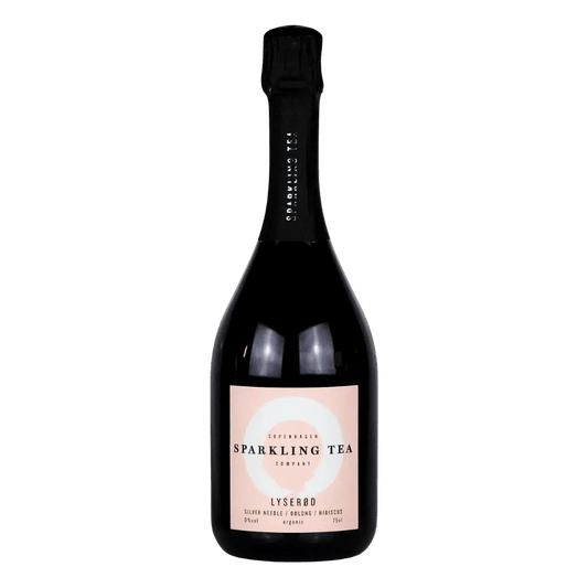 A bottle of Lysero Sparkling Tea London from the brand Peruvian Tea, featuring a pale pink label on a dark glass bottle with a black foil top, set against a plain white background.