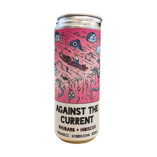 Counter Culture Rhubarb & Hibiscus raw kombucha in a 330ml can with a silver cap and a pink illustrated label.