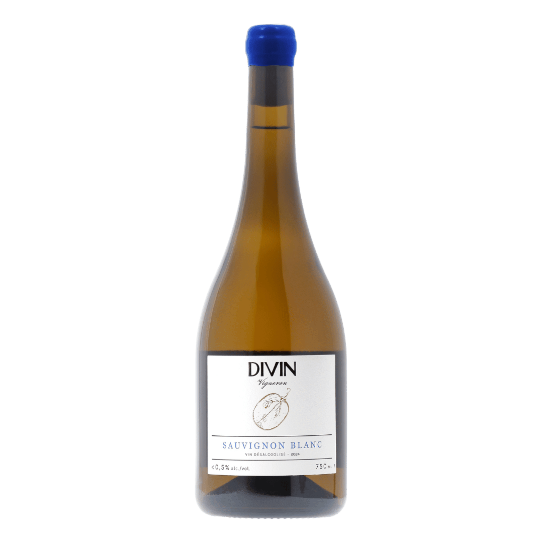 Wine bottle labeled 'DIVIN' with a blue cap on a white background