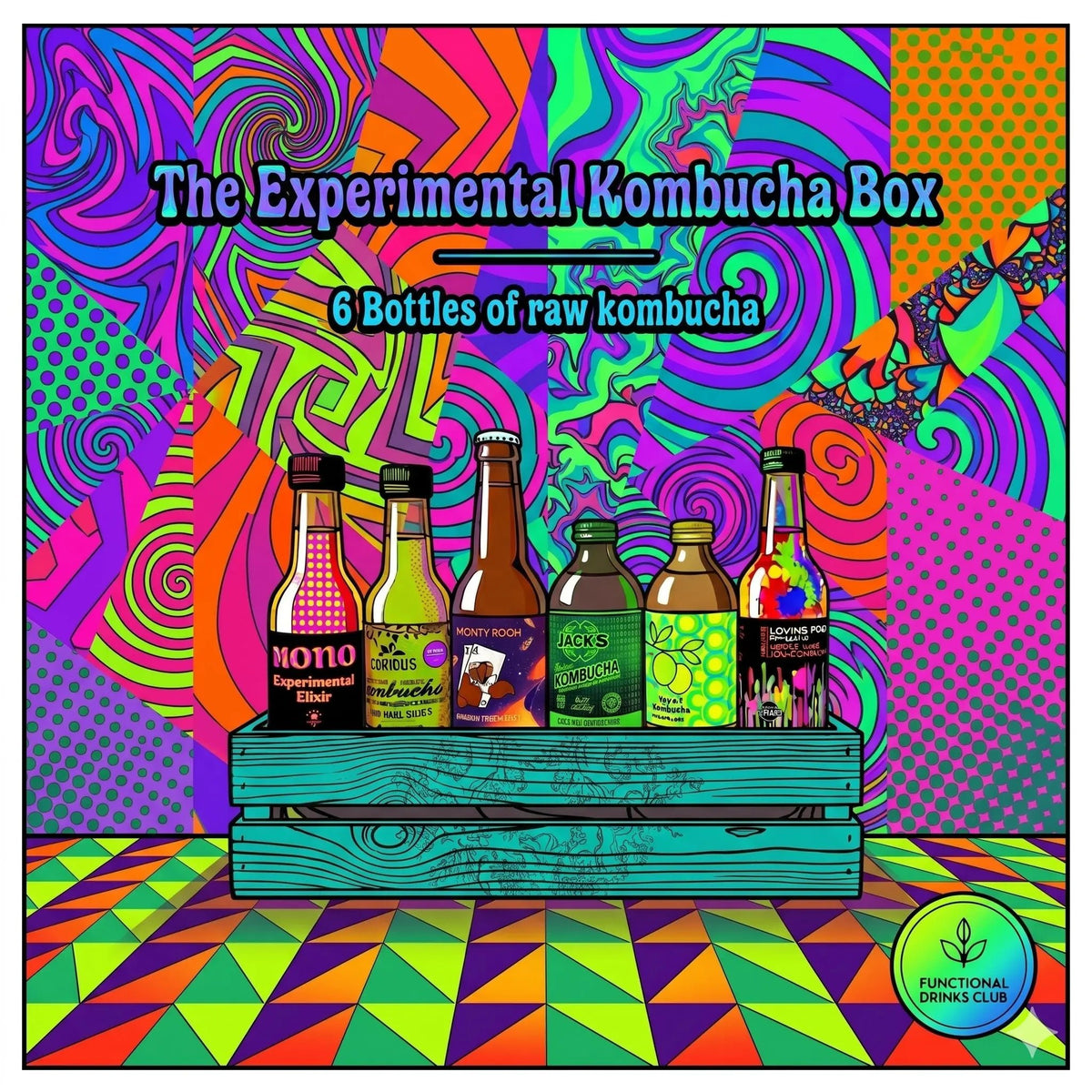Colorful packaging of 'The Experimental Kombucha Box' with six bottles of raw kombucha on a geometric patterned background.
