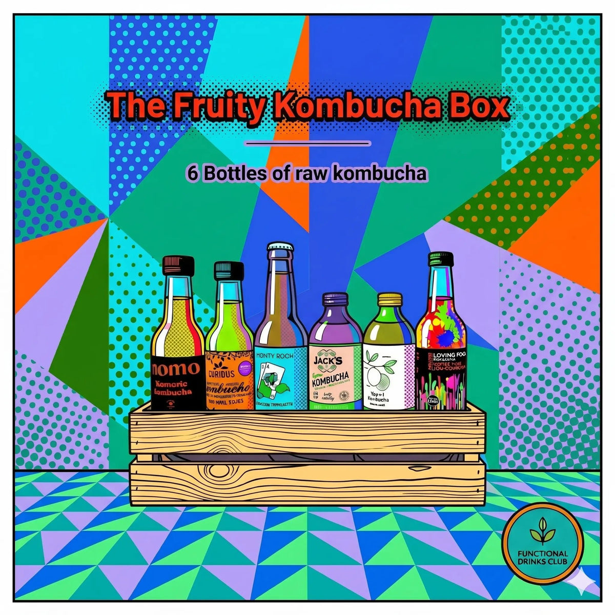 Fruity Kombucha Box packaging with colorful design and kombucha bottles.