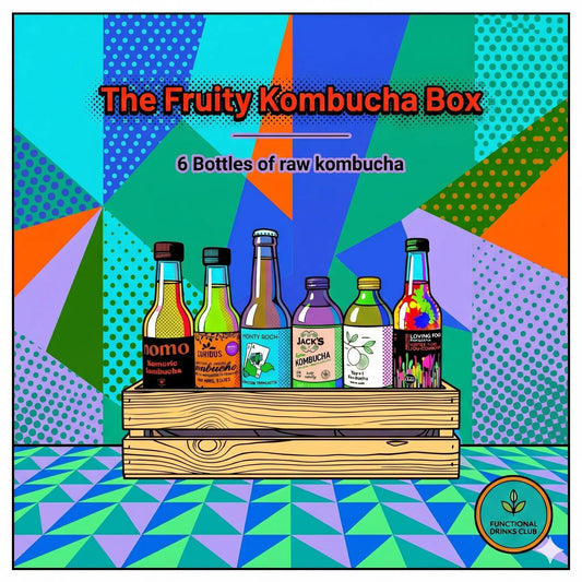 Fruity Kombucha Box packaging with colorful design and kombucha bottles.