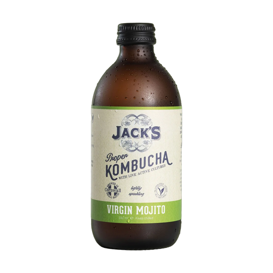 Jack's Virgin Mojito raw kombucha in an amber 330ml glass bottle with a black cap and a cream label with a lime green flavour band.