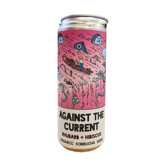 A can of Counter Culture Against the Current Rhubarb and Hibiscus organic kombucha soda, with a pink illustrated design.