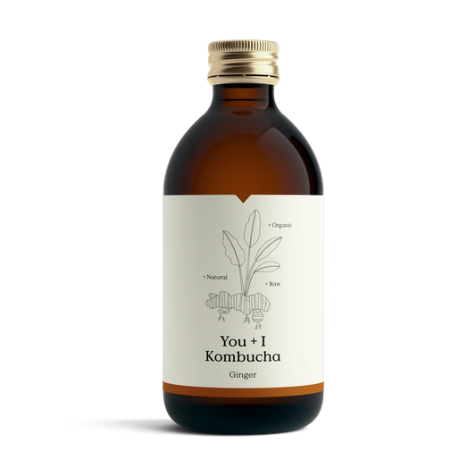 A brown bottle of You + I Ginger kombucha with a gold cap, a cream botanical label and an orange band.