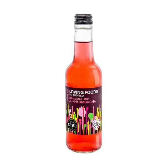 Loving Foods Hibiscus & Lime raw jun kombucha in a clear 330ml glass bottle with a black cap and a deep plum label with pink paint-drip artwork.