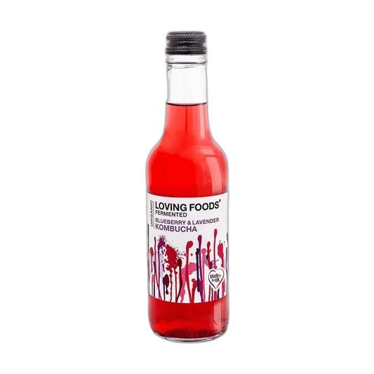 Loving Foods Blueberry & Lavender raw kombucha in a clear 330ml glass bottle with a black cap and a white label with purple and red paint-drip artwork.