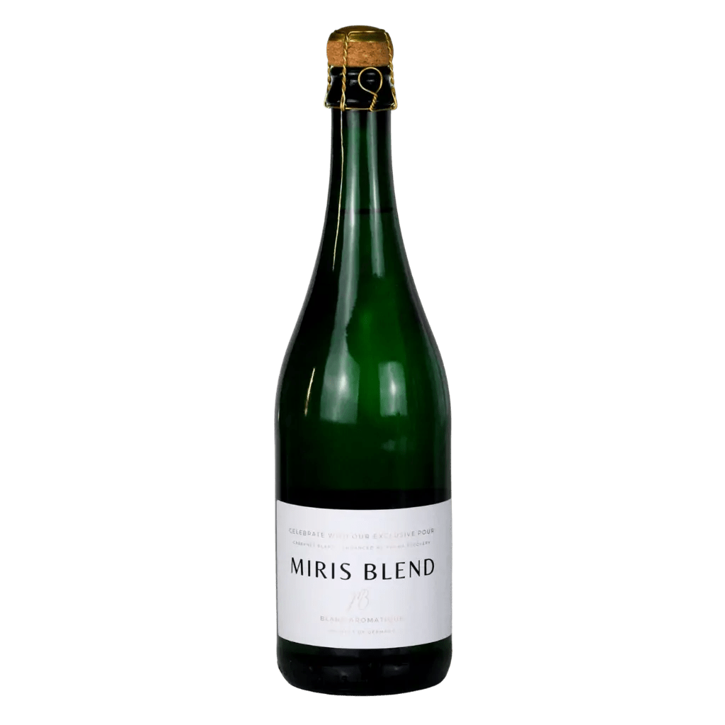 A bottle of Miris Blend sparkling wine in a dark green glass bottle with a white label and a gold foil seal, set against a plain white background.