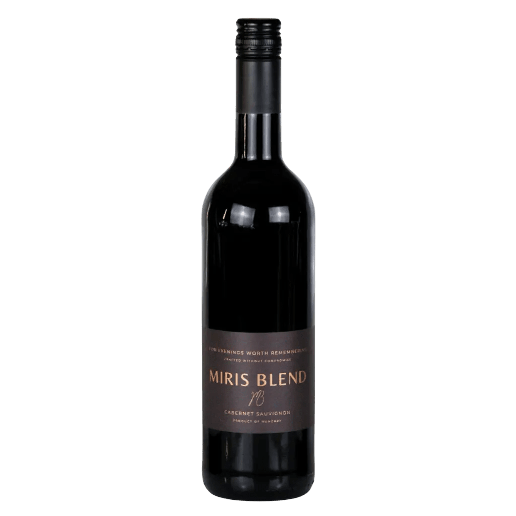 A bottle of Miris Blend 19 Cabernet Sauvignon red wine, featuring a dark glass bottle with a black screw cap and a dark brown label with gold lettering, set against a plain white background.