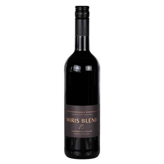 A bottle of Miris Blend 19 Cabernet Sauvignon red wine, featuring a dark glass bottle with a black screw cap and a dark brown label with gold lettering, set against a plain white background.