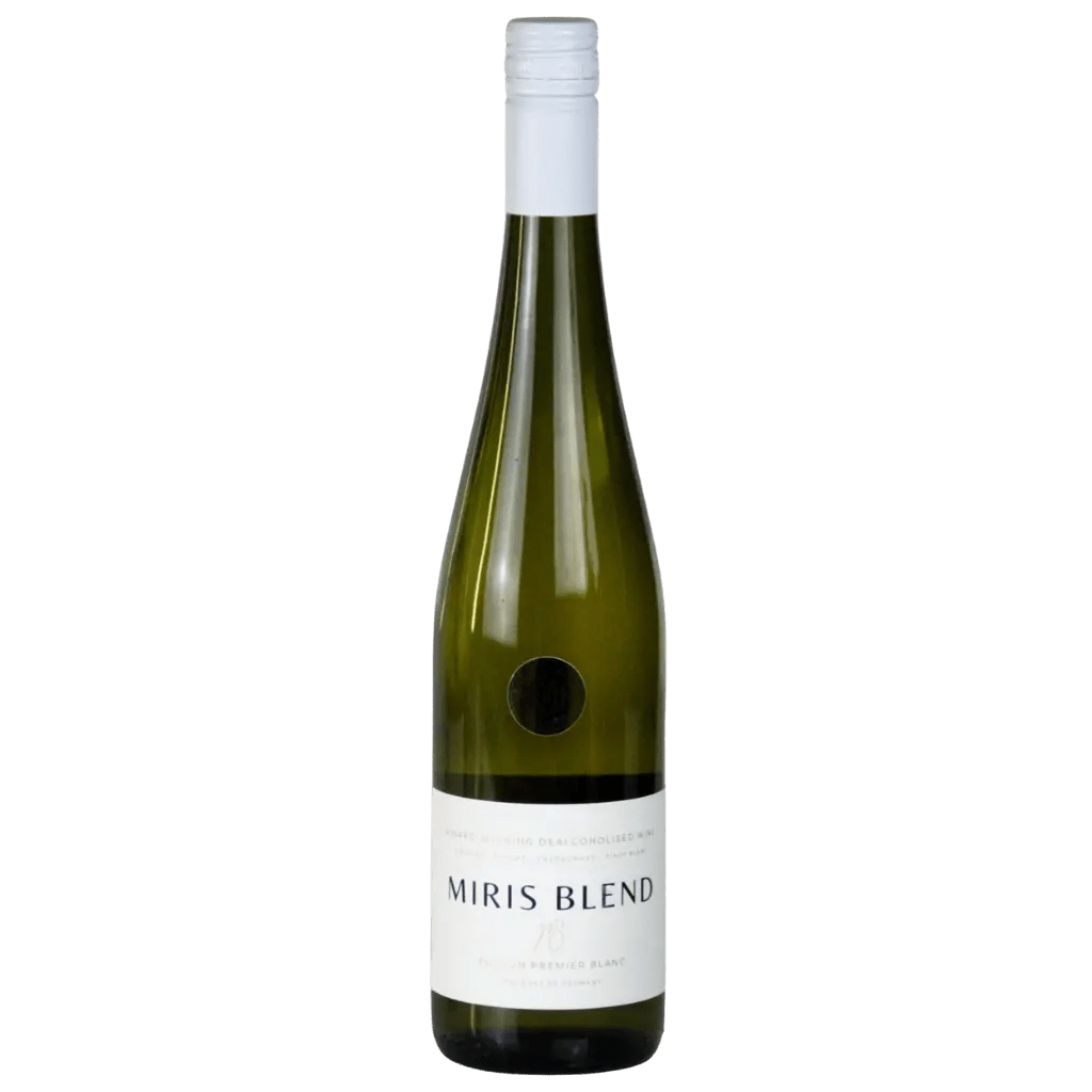 A bottle of Miris Blend white wine in a dark green glass bottle with a white paper label and white screw cap, shown against a plain white background.