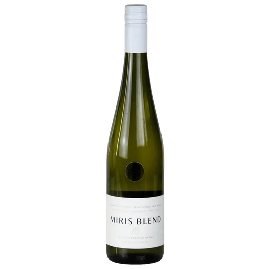 A bottle of Miris Blend white wine in a dark green glass bottle with a white paper label and white screw cap, shown against a plain white background.