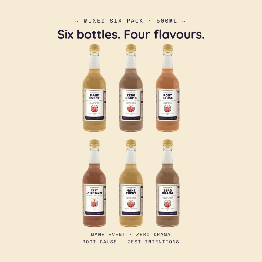 The four Gut Feeling kombucha flavours in 500ml bottles