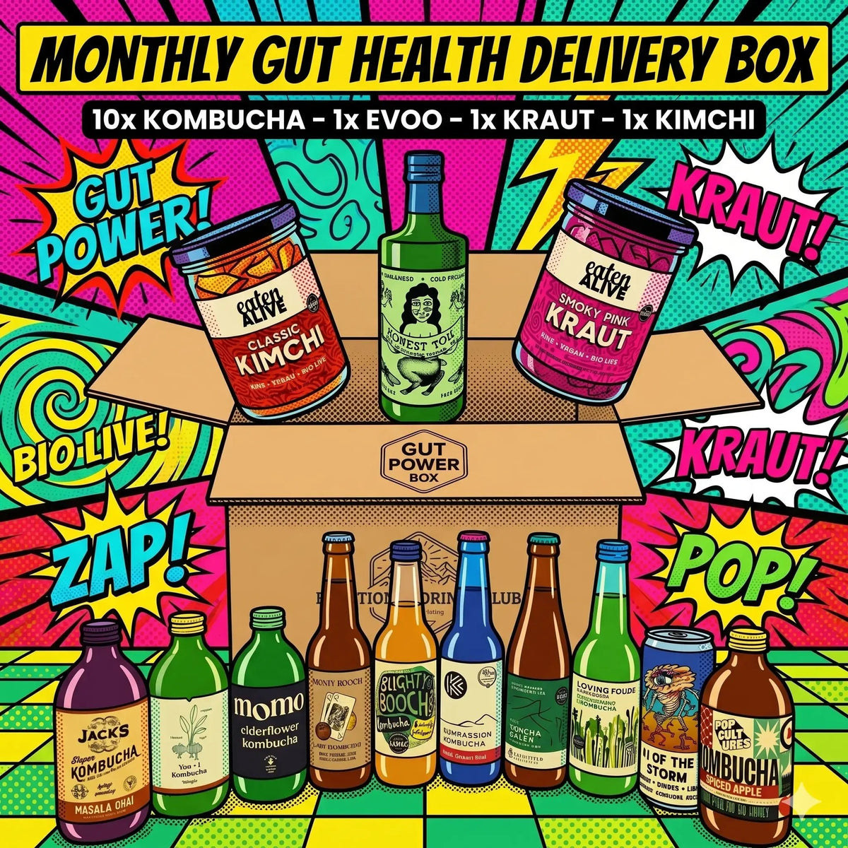 Gut health delivery box with various probiotic products on a colorful background