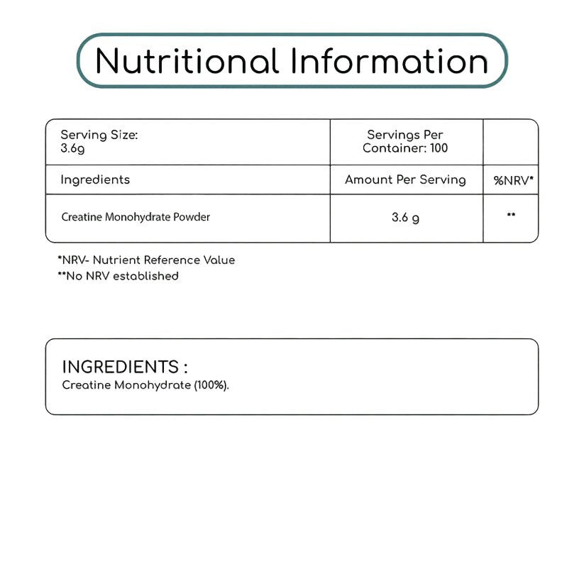 Nutritional information label for a product with creatine monohydrate powder on a light green background.