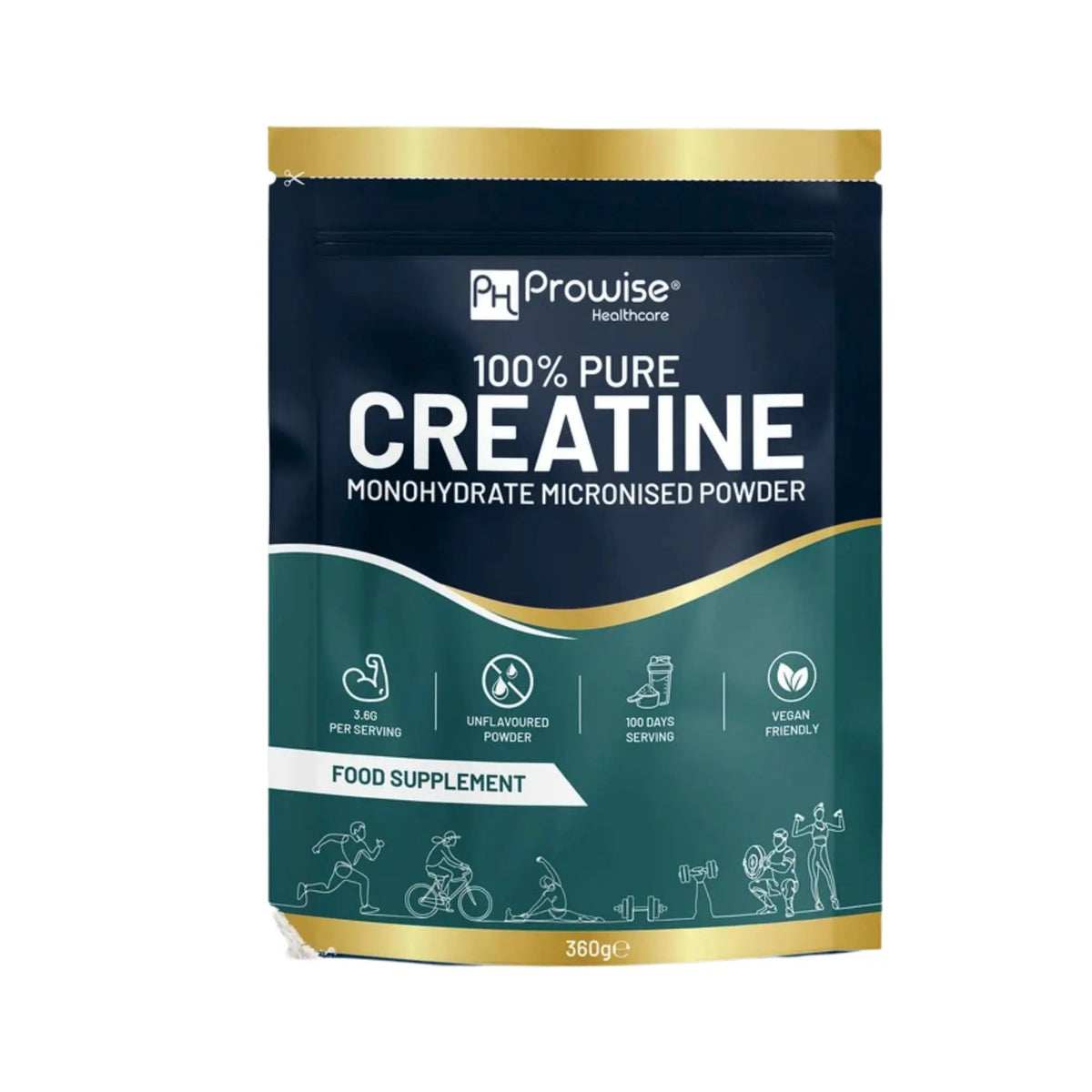 A 360g stand-up pouch of Prowise Healthcare 100% Pure Creatine Monohydrate Micronised Powder. The packaging features a dark navy blue top section with white text, a teal lower section with white icons, and metallic gold accents on the lid, base, and decorative lines.