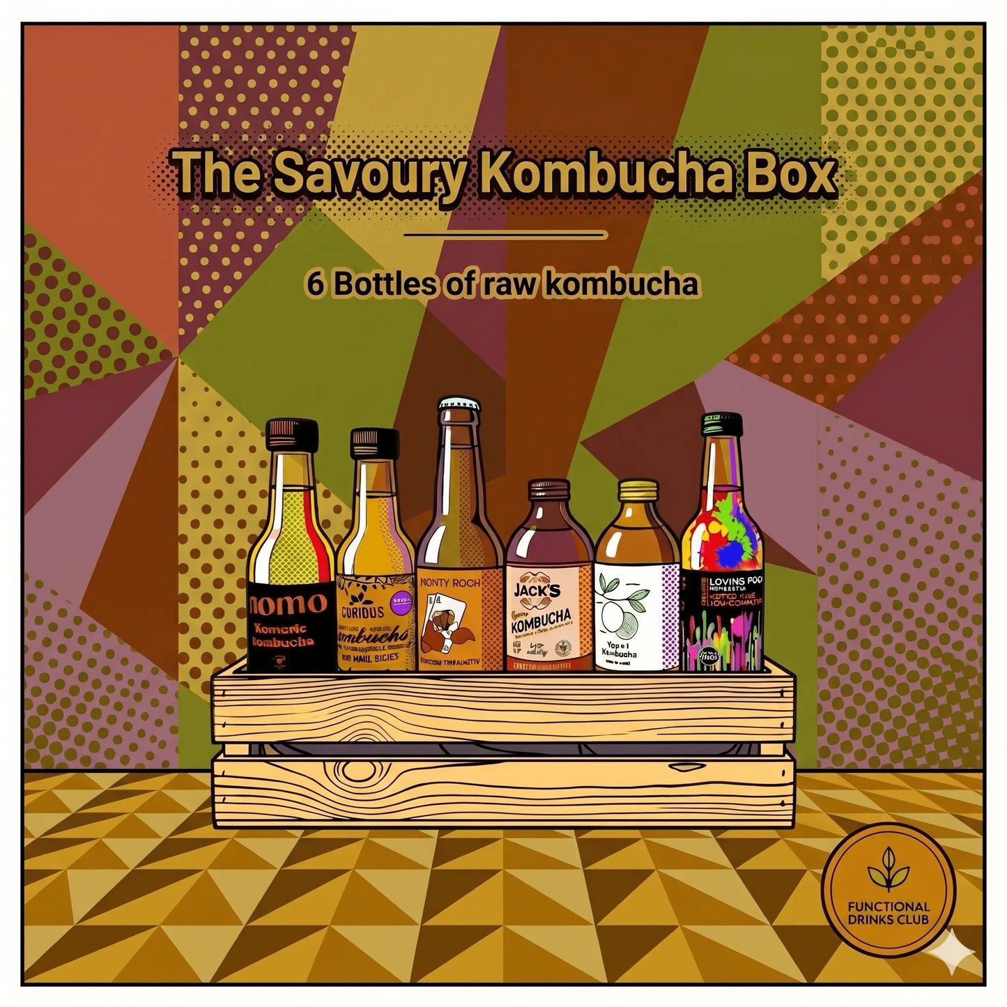 Promotional graphic for 'The Savoury Kombucha Box' featuring six different kombucha bottles displayed in a wooden crate against a stylized geometric patterned background. The bottles represent various flavors including Mango, Passion Fruit, Cinnamon, Lemon, and Rainbow.