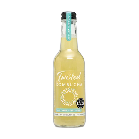 Twisted Cucumber, Mint & Lime raw kombucha in a clear 330ml glass bottle with a black cap and a pale green label with a teal neck tag.