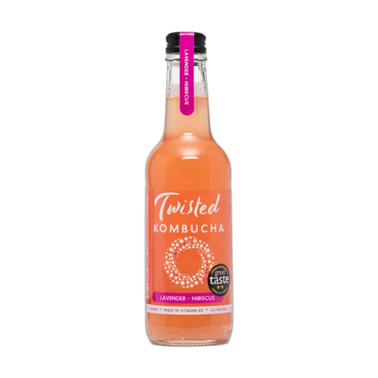 Twisted Hibiscus & Lavender raw kombucha in a clear 330ml glass bottle with a black cap and a coral-pink label with a magenta neck tag.
