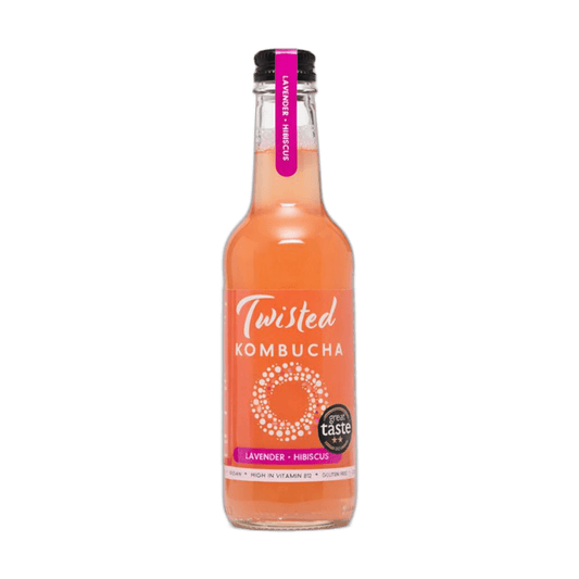 Twisted Hibiscus & Lavender raw kombucha in a clear 330ml glass bottle with a black cap and a coral-pink label with a magenta neck tag.