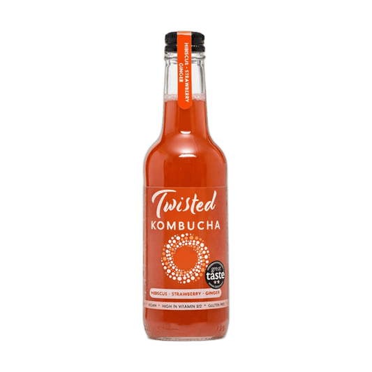 Twisted Strawberry, Hibiscus & Ginger raw kombucha in a clear 330ml glass bottle with a black cap and a deep red label with an orange neck tag.