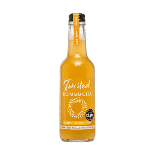 Twisted Pineapple, Ginger & Hops raw kombucha in a clear 330ml glass bottle with a black cap and a golden yellow label with an orange neck tag.