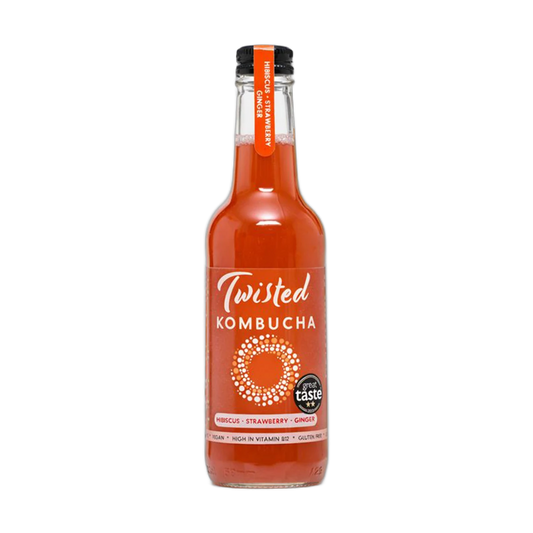 Twisted Strawberry, Hibiscus & Ginger raw kombucha in a clear 330ml glass bottle with a black cap and a deep red label with an orange neck tag.