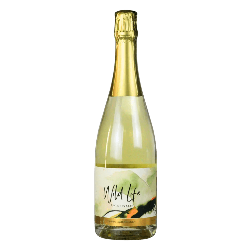 A bottle of Wild Life Botanicals Non-Alcoholic Sparkling Water with lemon verbena, featuring a gold foil neck and a white label with green and orange botanical illustrations, set against a plain white background.